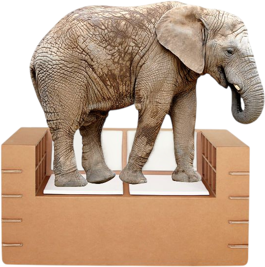 Un éléphant sur un meuble en carton pour montrer la solidité