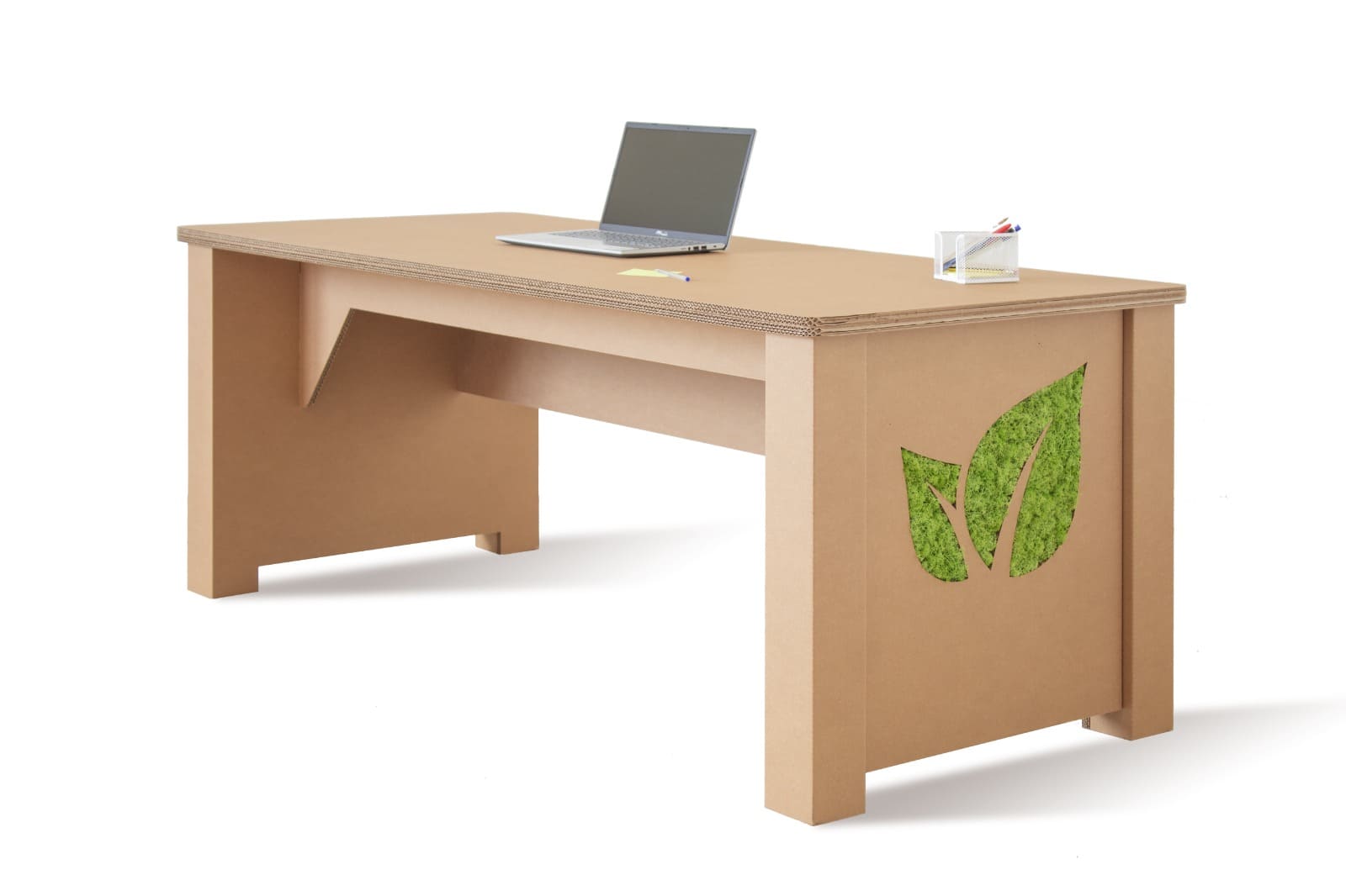 Bureau en carton écologique pour aménagement d'entreprise ou salle de pause, avec plateau perforé et design végétal imprimé sur les côtés. Idéal pour espaces professionnels durables et modulables dans des bureaux, open space ou zones collaboratives - Le Meuble en Carton une marque du groupe Natur Design