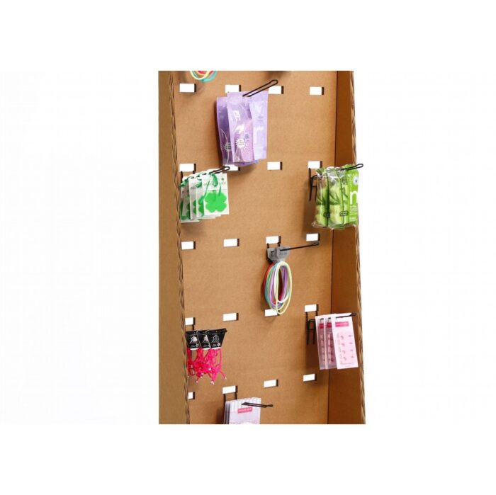 Présentoir modulable en carton écologique pour stands événementiels et scénographie, avec supports métalliques pour accrochage de documents, brochures et produits promotionnels dans l'aménagement de magasins ou salons professionnels - Le Meuble en Carton une marque du groupe Natur Design