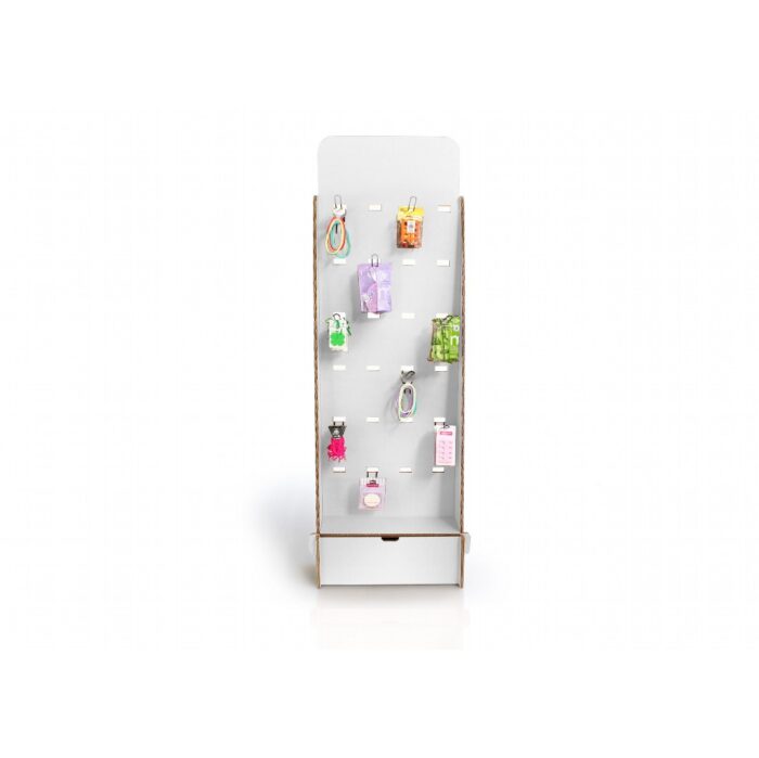 Présentoir vertical en carton écologique pour stands événementiels ou aménagement de magasins, avec plateaux modulables et poignées métalliques visibles, idéalement conçu pour exposer des produits colorés et personnalisés dans les salons professionnels ou espaces commerciaux - Le Meuble en Carton une marque du groupe Natur Design