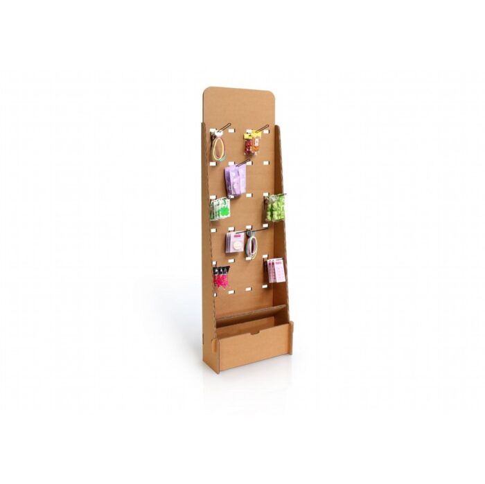 Présentoir en carton MAKALU A pour stands événementiels et aménagement de magasins, avec compartiments modulables et tiroir inférieur pour organisation visuelle des produits sur les salons professionnels ou dans les espaces commerciaux - Le Meuble en Carton une marque du groupe Natur Design