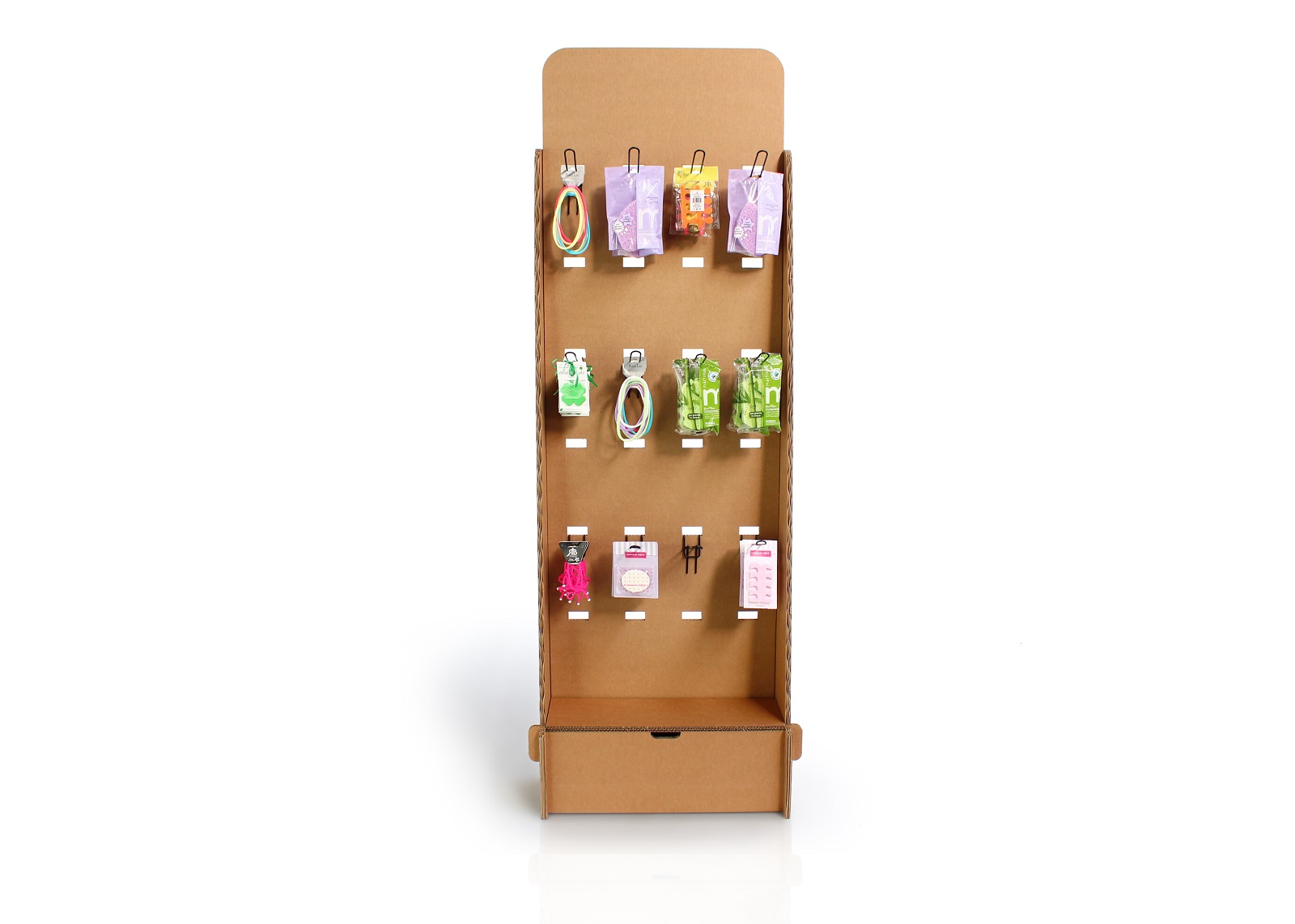 Présentoir en carton MAKALU A pour stands événementiels et aménagement de magasins, avec étagères divisées et tiroir inférieur pour organisation professionnelle des produits sur les points de vente ou salons professionnels - Le Meuble en Carton une marque du groupe Natur Design