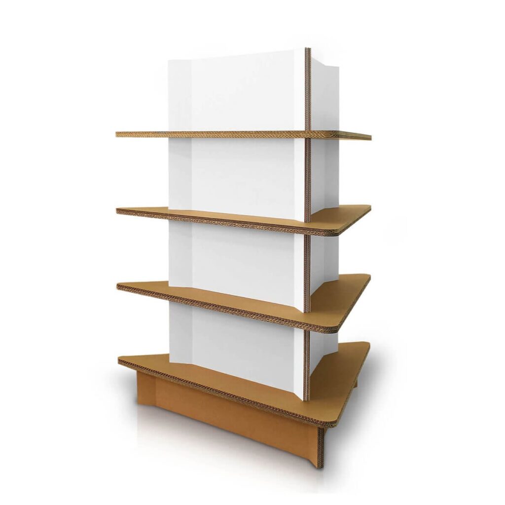 Présentoir en carton TRISUL pour l’aménagement de magasins, structure modulable avec plateaux et étagères en carton recyclé, idéal pour organiser les produits en rayon ou en vitrine professionnelle - Le Meuble en Carton une marque du groupe Natur Design