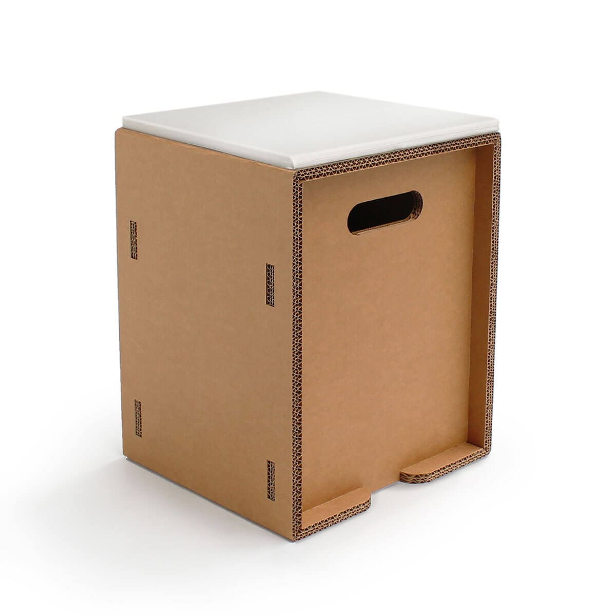 Tabouret en carton écologique ATHOS avec plateau souple visible, conçu pour les espaces professionnels comme les bureaux, salles de pause ou stands événementiels. Structure solide et design modulable pour une intégration harmonieuse dans l’aménagement d’entreprise ou la scénographie pro - Le Meuble en Carton une marque du groupe Natur Design