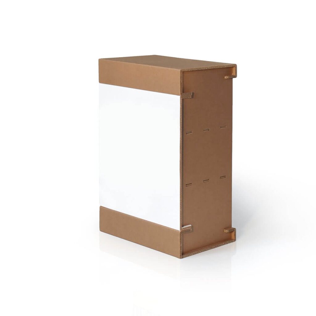 Comptoir modulable en carton recyclé pour stands événementiels professionnels, avec structure solide et pieds stabilisés, idéal pour scénographie et espaces exposants - Le Meuble en Carton une marque du groupe Natur Design