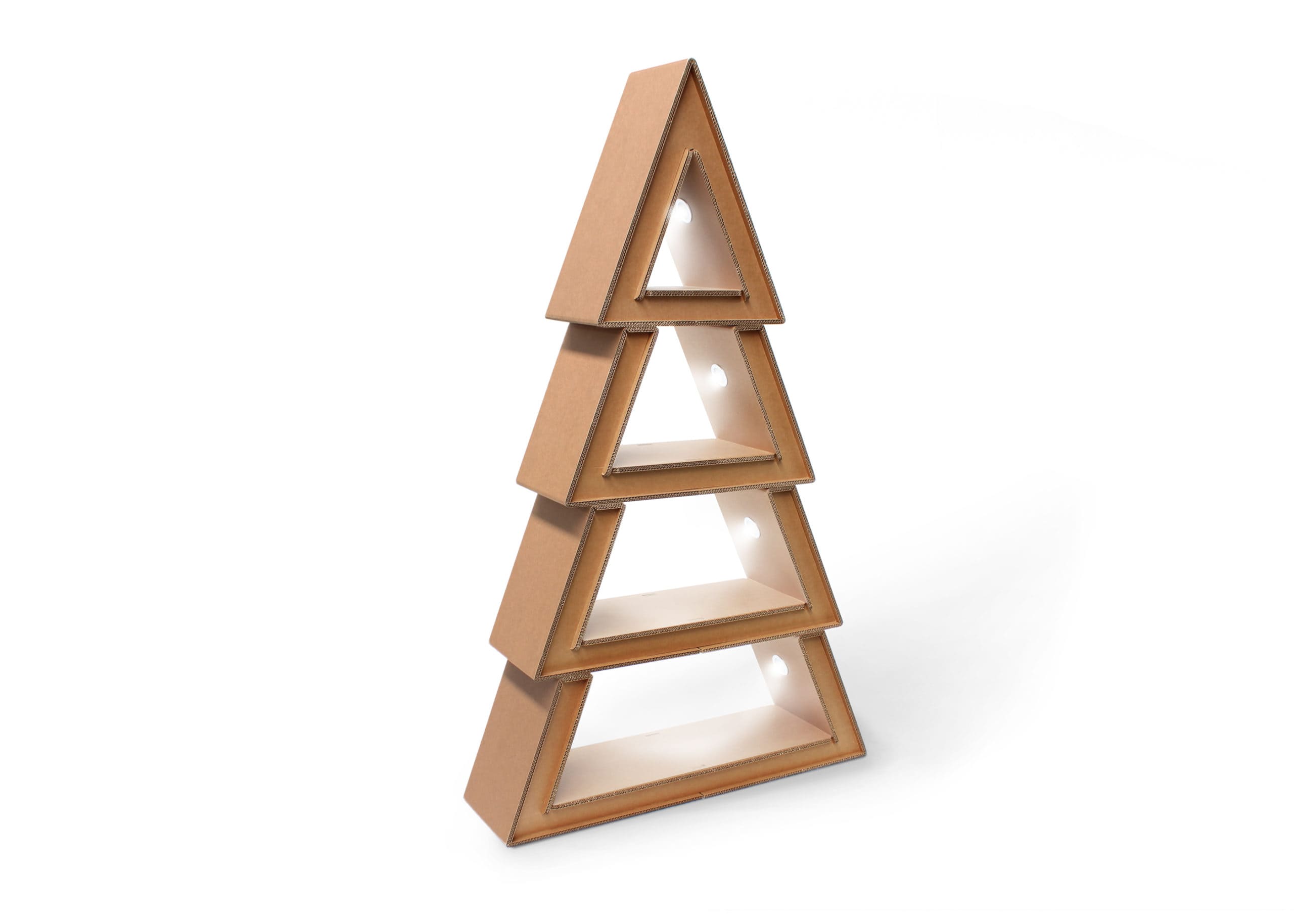 Présentoir triangulaire en carton écologique pour stands événementiels et décoration de magasins, avec compartiments transparents pour exposition visuelle dans l’aménagement professionnel ou scénographie - Le Meuble en Carton une marque du groupe Natur Design