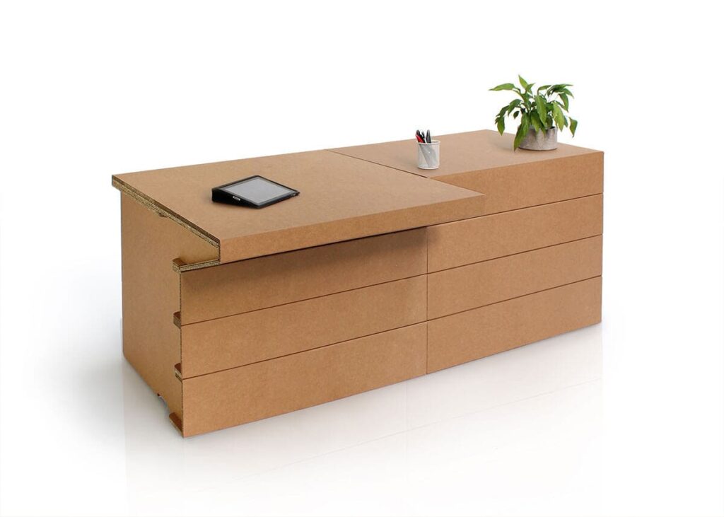 Extension banc d'accueil PMR en carton écologique pour accueil client, avec plateau supérieur et tiroirs intégrés, adapté aux espaces professionnels comme les bureaux d'accueil ou les centres de service - Le Meuble en Carton une marque du groupe Natur Design