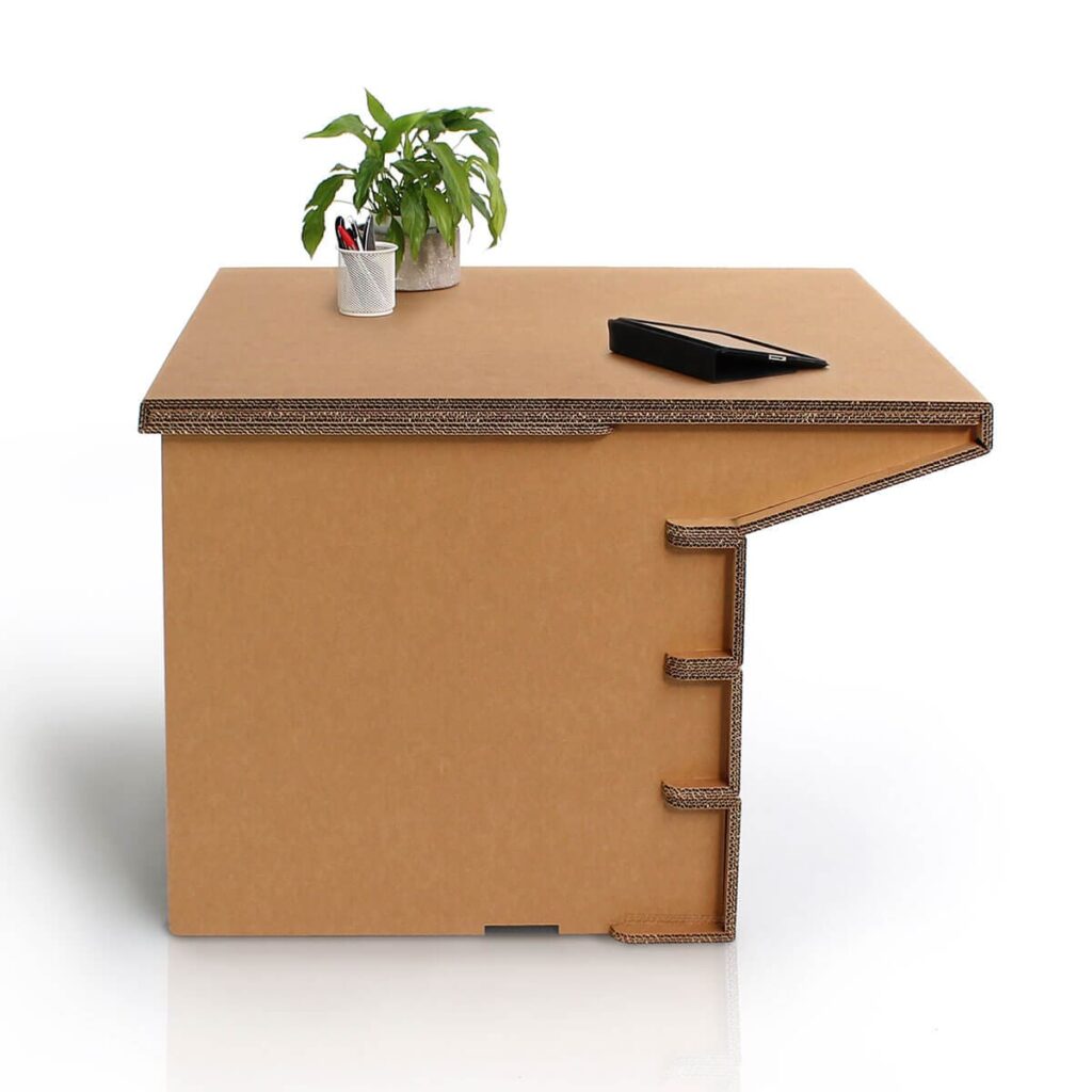 Extension banc d'accueil PMR en carton écologique avec plateau plat et compartiment rabattable, idéal pour les points d'accueil ou l'accueil public dans des espaces professionnels ou points de service - Le Meuble en Carton une marque du groupe Natur Design