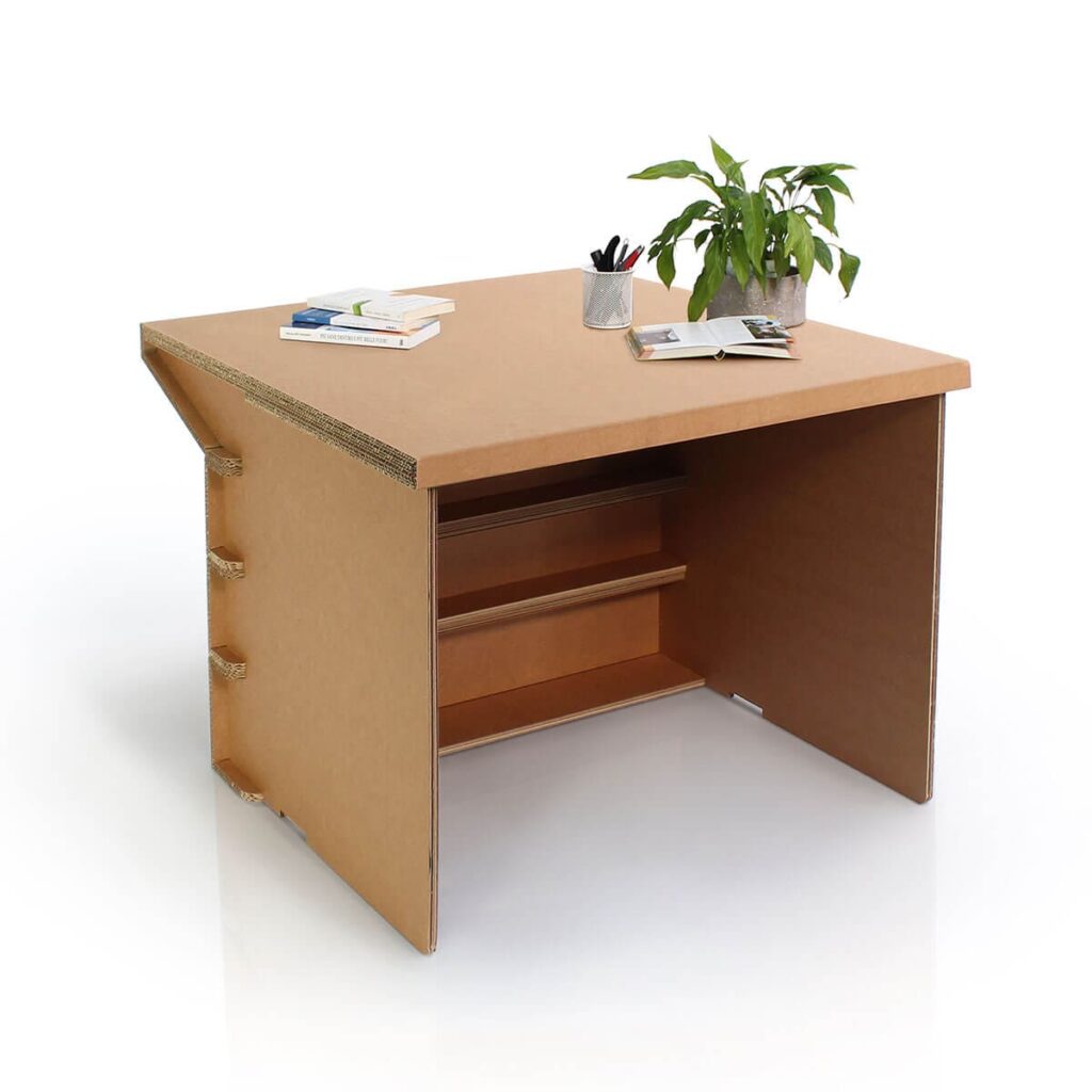 Extension banc d'accueil PMR en carton écologique pour accueil client, avec plateau cartonné et tiroirs intégrés, idéalement adaptée aux espaces professionnels comme les bureaux d'accueil ou les points de vente en centre-ville - Le Meuble en Carton une marque du groupe Natur Design