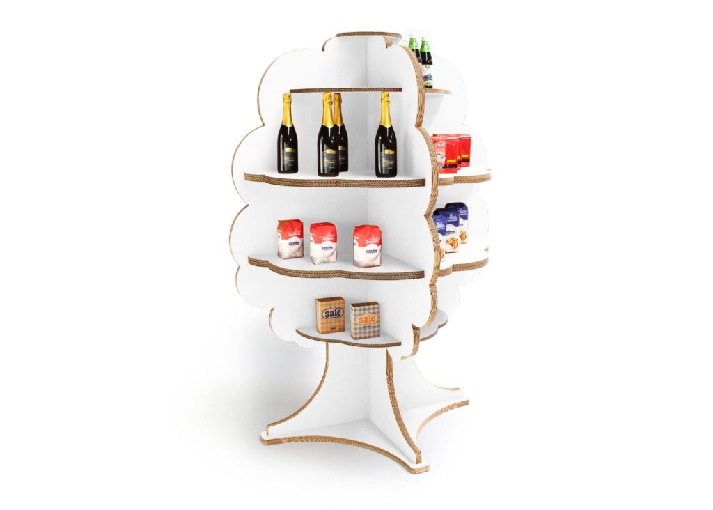 Présentoir en carton design pour l’aménagement de magasins, avec étagères décorées de bouteilles de vin et produits alimentaires tels que conserves et sachets de céréales. Structure cartonnée élégante aux pieds et montants en bois naturel, idéale pour la mise en valeur de produits dans un espace commercial ou point de vente - Le Meuble en Carton une marque du groupe Natur Design